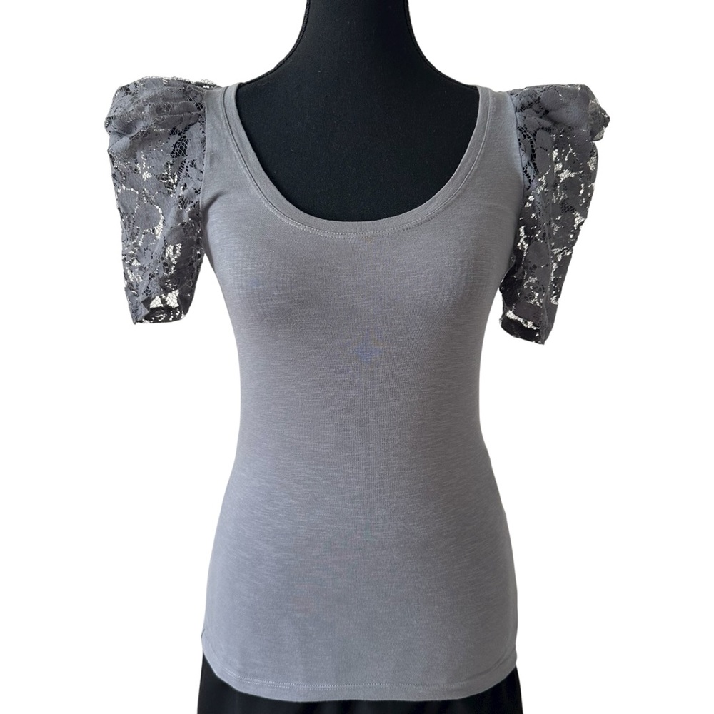Zara Gray Lace Puff Sleeve Tee size M